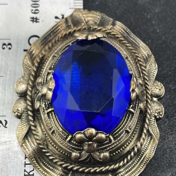 ANTIQUE Cobalt blue glass and aged silver tone metal brooch ~ Big Edwardian pin - Picture 3 of 10